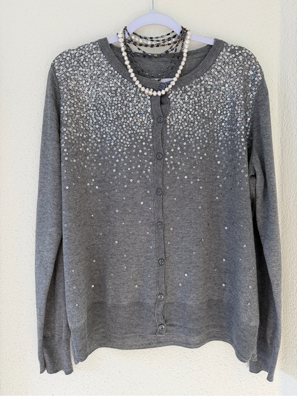 LOFT Grey Sequin Cardigan – Effortless Sparkle, Day to Night, Size L-XL
